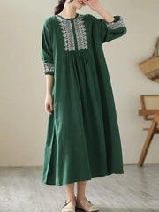 Cotton Long Vintage Style Embroidery Casual Dress