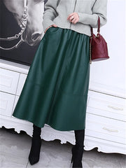 Black PU Leather Women's Long Skirts Pockets