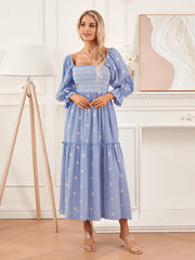 Embroidery Flower A-Line Dress Women's Puff Long Sleeve Square Neck