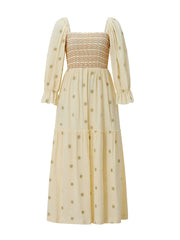 Embroidery Flower A-Line Dress Women's Puff Long Sleeve Square Neck