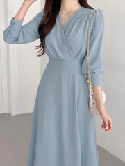 Fashion Long Sleeve V-neck Dress Casual Solid Color High Waist Clothes Streetwear