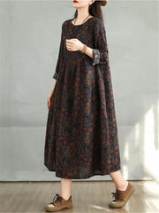 Cotton Vintage Long Sleeve Print Casual Loose Dress