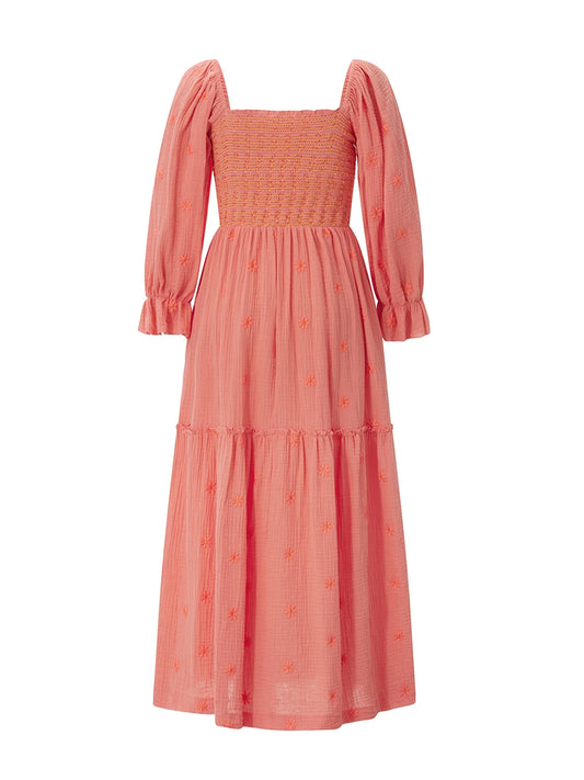 Embroidery Flower A-Line Dress Women's Puff Long Sleeve Square Neck