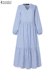 Elegant V Neck Long Sleeve Dress Striped Sundress Pleated Midi Robe Fashion