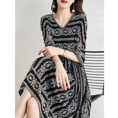 Chiffon Print V-neck Fashion Women Clothing Party Vestido Dress