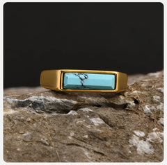 Stone Signet Ring Unisex Gold Plated Stainless Steel Finger Band