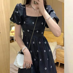 Elegant Midi Style Floral Print Square Collar Casual Dresses