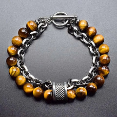 Men's Tiger Eye Stone Beaded Bracelet Stainless Steel Jewelry