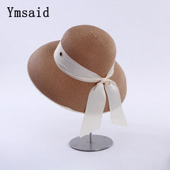 Retro French Hepburn Straw Hat Bow Seaside Big Brim Sun Protection Shade