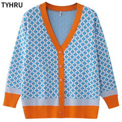 Knitting Sweater Color Matching Diamond Lattice Single-Breasted Loose Casual Knitted Cardigan