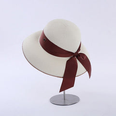 Retro French Hepburn Straw Hat Bow Seaside Big Brim Sun Protection Shade