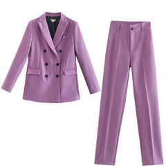 Women Jacket Double Breasted Notched Blazer Office Suit Pantsuit