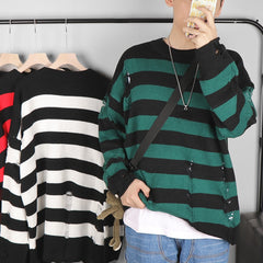 Black Stripe Sweaters Destroyed Ripped Sweater Pullover