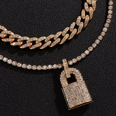 Hip Hop Bling Lock Pendant Choker Iced Out Shiny Cubic Zircon Necklace