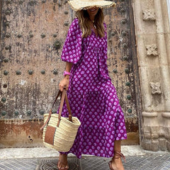 Fashion Half Sleeve Women Loose Dress Casual Printed Vintage Long Dresses