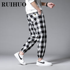 Ankle-Length Plaid Harem Pants Men Clothing Joggers Men Pants Trousers