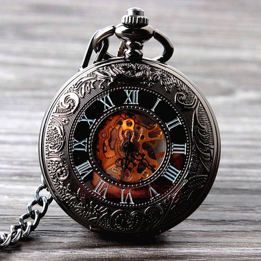 Retro Hand Wind Mechanical Pocket Watch With Fob Chain Mens