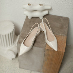 Pointed Toe Back Strap Slingback Women Pumps Genuine Leather Square Heel