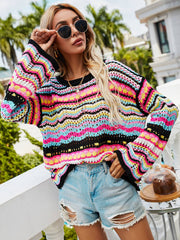 Aprms Multi Color Blocked Knitted Pullover Women Summer Casual Flare Sleeve