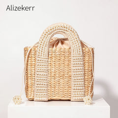 Pearls Beach Bag Women Elegant Woven Beaded Straw Bag
