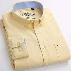 Men Fashion Long Sleeve Solid Oxford Shirt Single Patch Pocket Simple