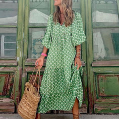 Fashion Half Sleeve Women Loose Dress Casual Printed Vintage Long Dresses