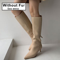 Knee High Boots Pointed Toe Thin Heel Slip On Footwear
