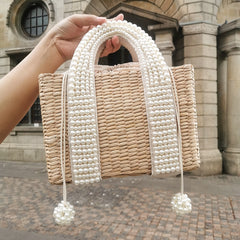 Pearls Beach Bag Women Elegant Woven Beaded Straw Bag