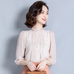 Women Style Chiffon Blouses Shirts Lady Casual Long Sleeve O-Neck Polka Dot