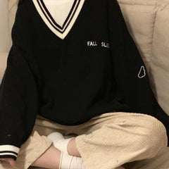 Sweaters Women Ulzzang Letter Chic Vintage V-neck Daily Oversize