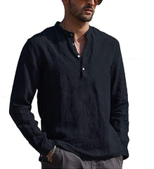 Men’ s Shirt Cotton linen Solid Color Stand Collar Long Sleeve Shirt