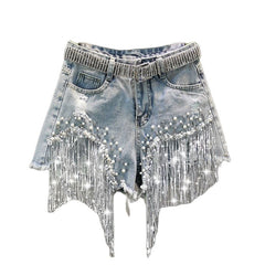 Elegant Shorts Lady Tassel Beading High Waist Wide Leg Denim Shorts
