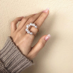 Fashion Gold Color Open Cuff Circle Ring Imitation Pearl Flower Ring