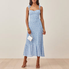 Dresses Elegant Vintage Floral Dress Frill Sweetheart Neck