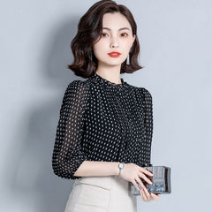 Women Style Chiffon Blouses Shirts Lady Casual Long Sleeve O-Neck Polka Dot