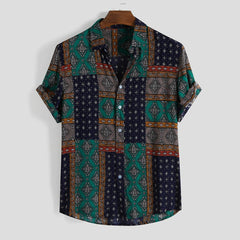 Men Shirt Ethnic Printed Shirts Summer Retro Vintage Streetwear Short Sleeves