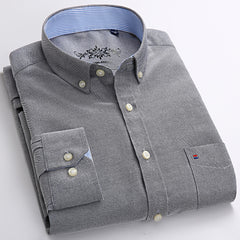 Men Fashion Long Sleeve Solid Oxford Shirt Single Patch Pocket Simple