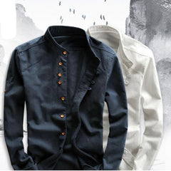 Cotton Linen Shirts Long Sleeve Men Casual Slim Mandarin Collar Shirts