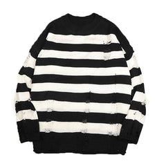 Black Stripe Sweaters Destroyed Ripped Sweater Pullover