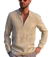 Men’ s Shirt Cotton linen Solid Color Stand Collar Long Sleeve Shirt