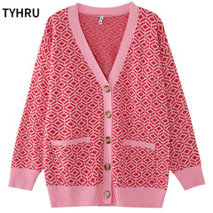 Knitting Sweater Color Matching Diamond Lattice Single-Breasted Loose Casual Knitted Cardigan