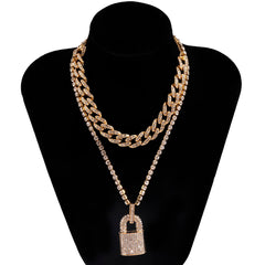 Hip Hop Bling Lock Pendant Choker Iced Out Shiny Cubic Zircon Necklace