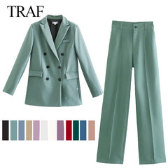 Women Jacket Double Breasted Notched Blazer Office Suit Pantsuit