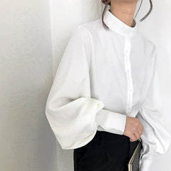 Big Lantern Sleeve Blouse Single Breasted Stand Collar Shirts
