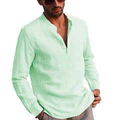 Men’ s Shirt Cotton linen Solid Color Stand Collar Long Sleeve Shirt