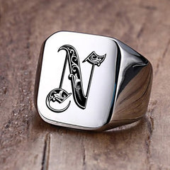 Retro Initials Signet Ring for Men 18mm Bulky Heavy Stamp Male Band Stainless Steel Letters Custom