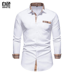Plaid Patchwork Formal Shirts for Men Slim Long Sleeve White Button Up Shirt Dress