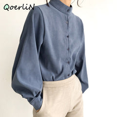 Big Lantern Sleeve Blouse Single Breasted Stand Collar Shirts