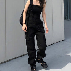 Y2k Button Pockets Patchwork Cargo Pants Women Streetwear High Waist Trousers