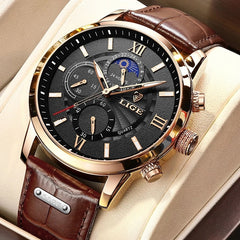 Mens Watches LIGE Top Brand Luxury Leather Casual Quartz Watch